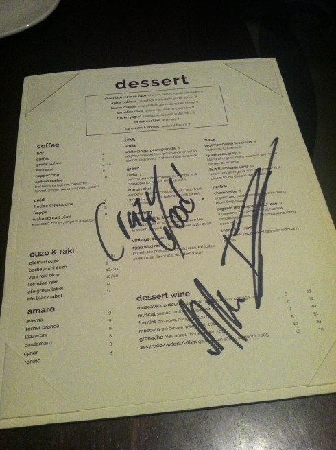Signed Menu from Kapnos