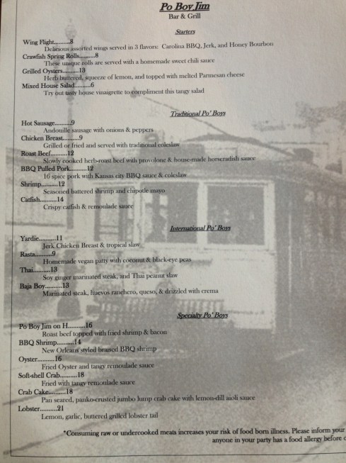 Menu at Po Boy Jim on H Street