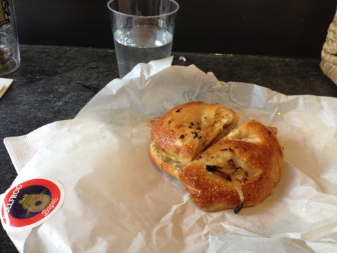 Bacon, Egg, and Cheese on Onion Bagel at Bullfrog Bagels