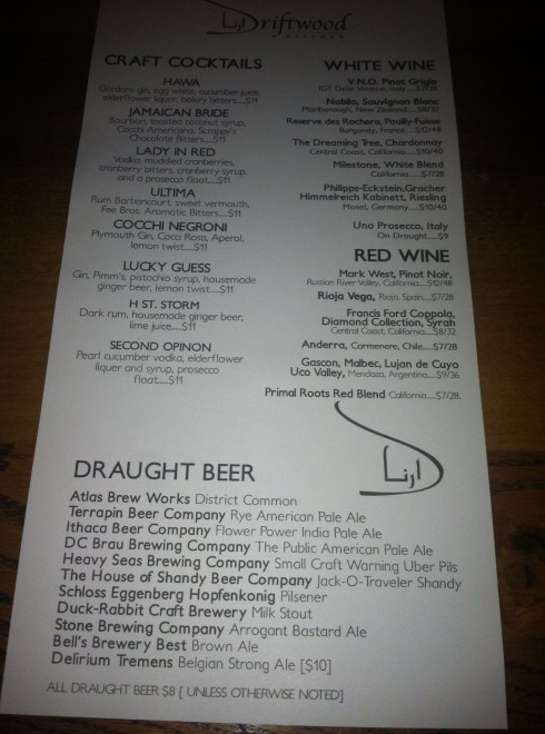 Driftwood Kitchen Drink Menu