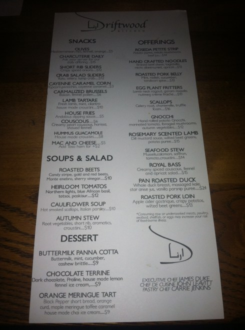 Driftwood Kitchen Menu