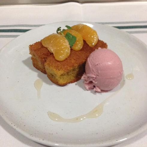 Lyon Rum Cake with Candied Clementines and Roasted Strawberry Gelato