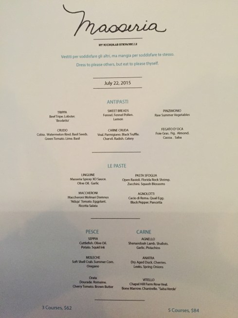 Sample Menu at Masseria