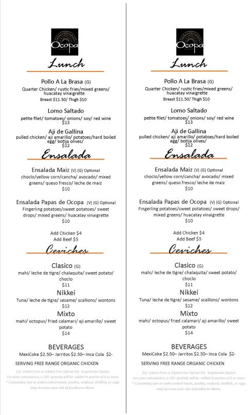 Lunch Menu at Ocopa