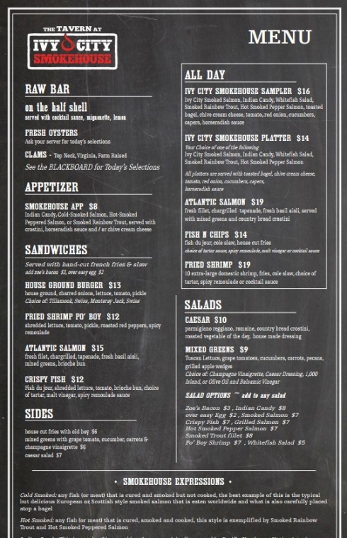 Menu at Ivy City SmokeHouse Tavern