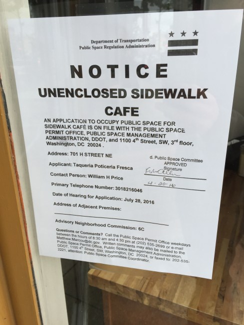 Sidewalk Cafe Notice for Taqueria and Rosticeria Fresca