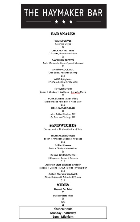 Food Menu for The Haymaker Bar