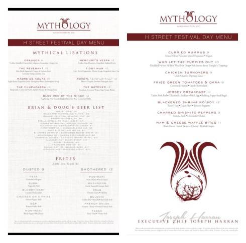 H Street Festival Menu for Mythology Restaurant and Lore Lounge